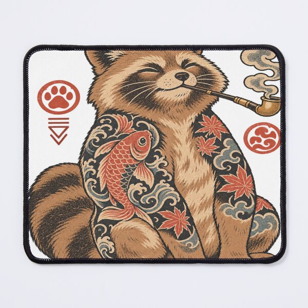 Item preview, Japanese Tanuki Raccoon Kiseru Pipe Irezumi Tattoo designed and sold by LongIslandDesgn.
