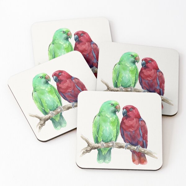 Item preview, Pair of Eclectus Parrots Green and Red Watercolor Birds designed and sold by VibeShift Studio.