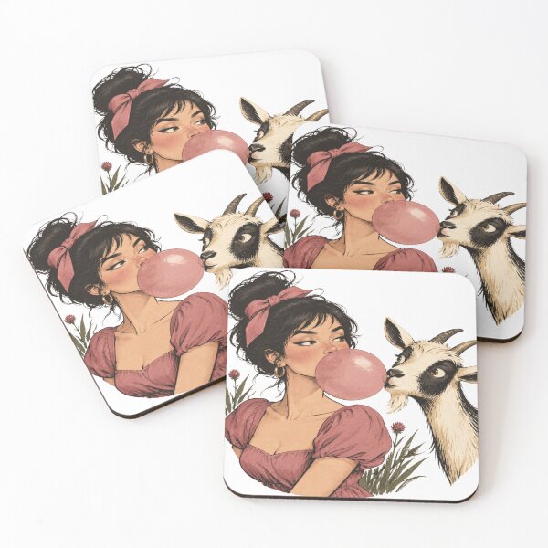 Item preview, Cute Vintage Girl Blowing Pink Bubblegum with Curious Farm Goat designed and sold by SpazticGoat.