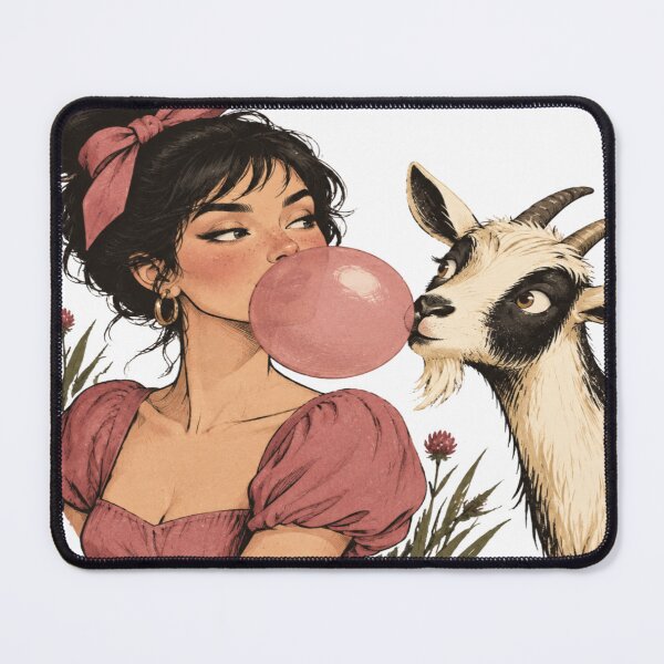 Item preview, Cute Vintage Girl Blowing Pink Bubblegum with Curious Farm Goat designed and sold by SpazticGoat.