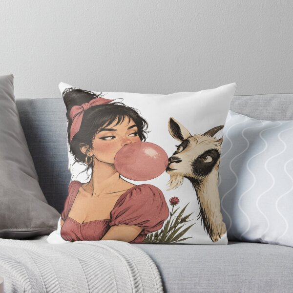 Item preview, Cute Vintage Girl Blowing Pink Bubblegum with Curious Farm Goat designed and sold by SpazticGoat.