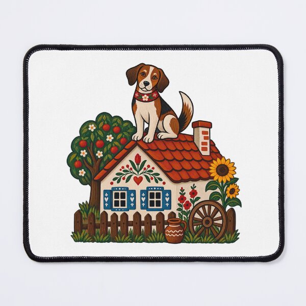 Item preview, Serbian Naive Folk Art Dog on Cottage Roof Rural Village Illustration designed and sold by UrbanStatic.
