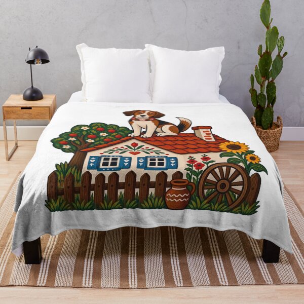 Item preview, Serbian Naive Folk Art Dog on Cottage Roof  Rural Village Illustration designed and sold by UrbanStatic.