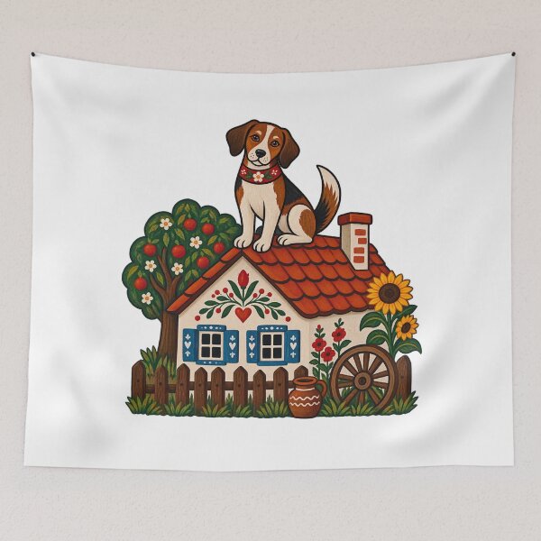 Item preview, Serbian Naive Folk Art Dog on Cottage Roof  Rural Village Illustration designed and sold by UrbanStatic.