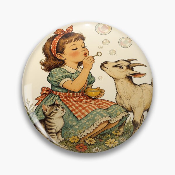 Item preview, Nostalgic Retro Farm Girl Blowing Bubbles with Cute Kitten and Baby Goat designed and sold by SpazticGoat.