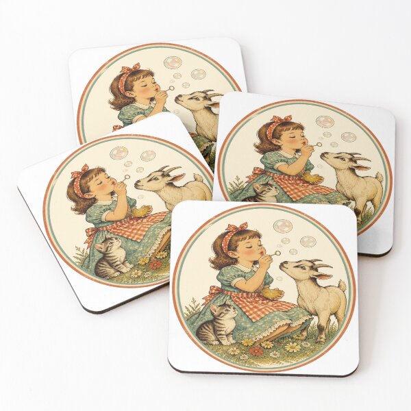 Item preview, Nostalgic Retro Farm Girl Blowing Bubbles with Cute Kitten and Baby Goat designed and sold by SpazticGoat.