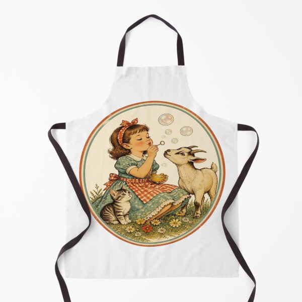 Item preview, Nostalgic Retro Farm Girl Blowing Bubbles with Cute Kitten and Baby Goat designed and sold by SpazticGoat.