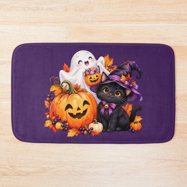 Item preview, Cute Halloween Black Cat Witch with Ghost and Pumpkins designed and sold by blankTeeShirt.