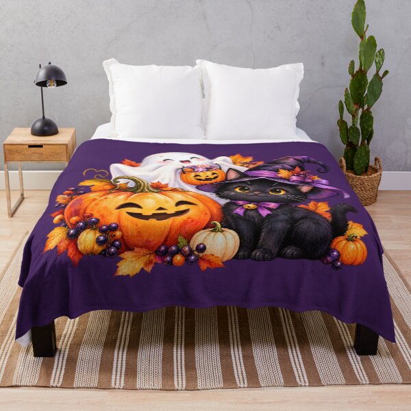 Item preview, Cute Halloween Black Cat Witch with Ghost and Pumpkins designed and sold by blankTeeShirt.