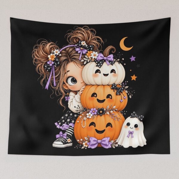 Item preview, Whimsical Halloween Girl & Cute Ghost Spooky Pumpkin Autumn Fashion Art designed and sold by Thread&Fable.