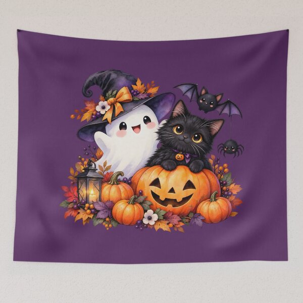 Item preview, Cute Black Cat and Ghost Halloween Pumpkin Watercolor designed and sold by blankTeeShirt.