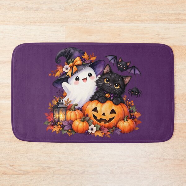 Item preview, Cute Black Cat and Ghost Halloween Pumpkin Watercolor designed and sold by blankTeeShirt.
