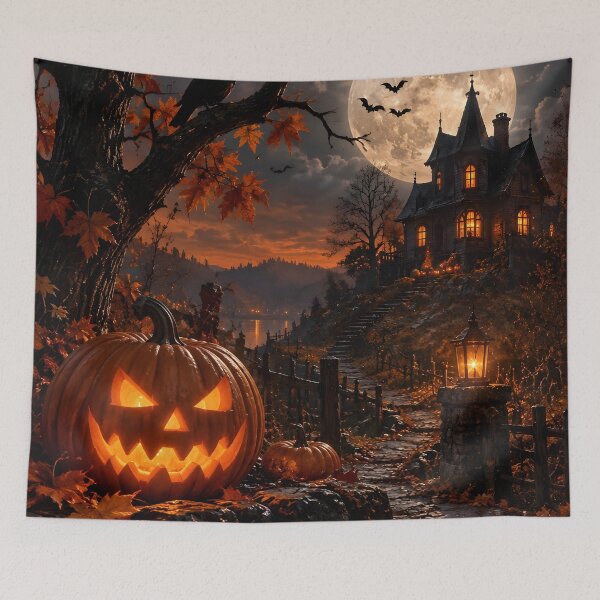 Item preview, Spooky Halloween Night - Glowing Jack O Lantern Haunted Mansion Art designed and sold by GrinGalore.