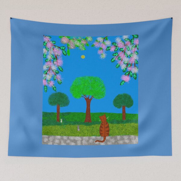 Item preview, Cat Watching rabbits in a Blooming Garden designed and sold by Elaine M Hayward .