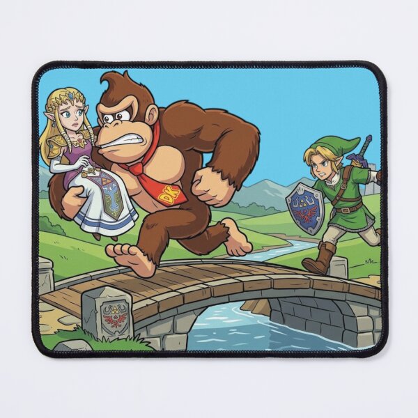 Item preview, Donkey Kong kidnapped Princess Zelda, sprinting across a bridge in Hyrule while a furious Link gives chase with sword and shield drawn. designed and sold by gorillazone_co.