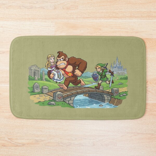 Item preview, Donkey Kong kidnapped Princess Zelda, sprinting across a bridge in Hyrule while a furious Link gives chase with sword and shield drawn. designed and sold by gorillazone_co.