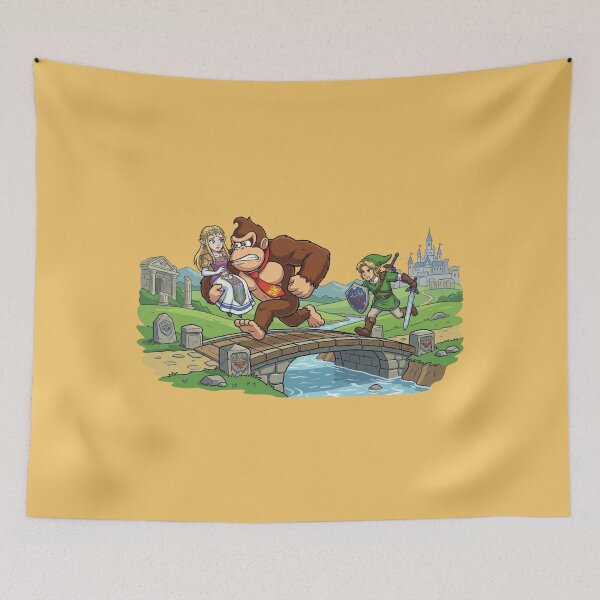 Item preview, Donkey Kong kidnapped Princess Zelda, sprinting across a bridge in Hyrule while a furious Link gives chase with sword and shield drawn. designed and sold by gorillazone_co.