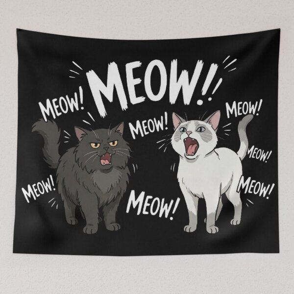 Item preview, Loud Meowing Cats - Fluffy Black Cat & White Cat Illustration designed and sold by PetalsPaws.