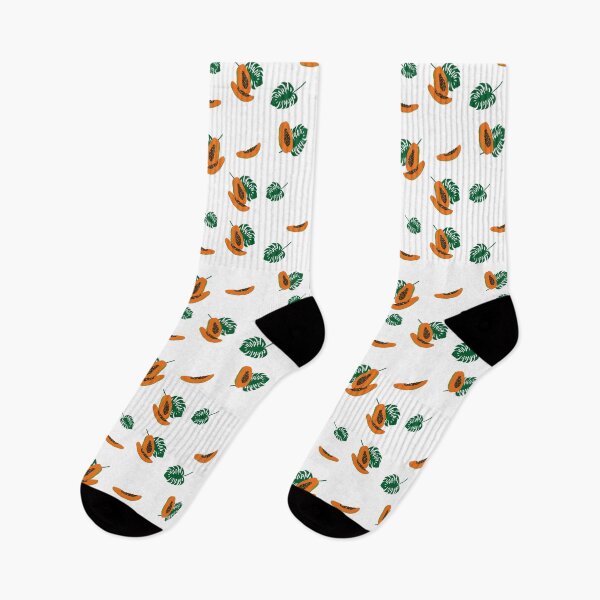 Aperçu de l'œuvre Imprimé tropical coloré avec des feuilles de monstera et des morceaux de papaye créée et vendue par Sock Garden.