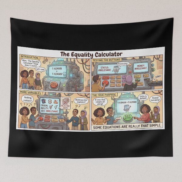 Item preview, Comic “The Equality Calculator” – Robot computer demonstrates equal human dignity designed and sold by Mianku | Für das Leben.