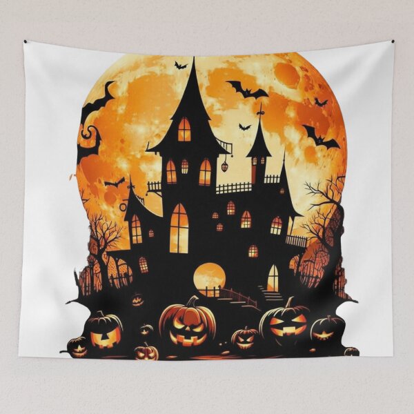 Item preview, "Spooky Halloween Night" Haunted Mansion and Jack-o'-Lanterns Illustration designed and sold by CreativeNest Prints.