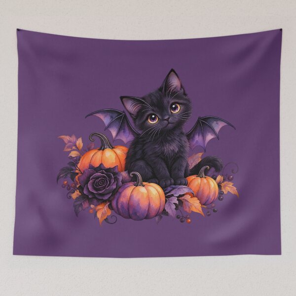 Item preview, Cute Black Bat Cat with Pumpkins – Gothic Halloween Watercolor designed and sold by blankTeeShirt.