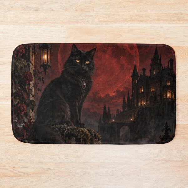 Item preview, Gothic Black Cat Blood Moon Climbing Red Roses Art designed and sold by GrinGalore.