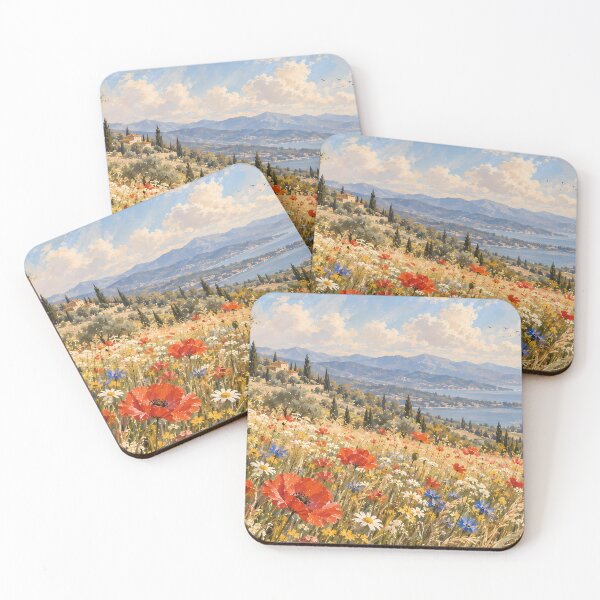 Item preview, Vintage Meadow Poppy Field Oil Painting Coastal Hillside designed and sold by Jozefin's Studio.