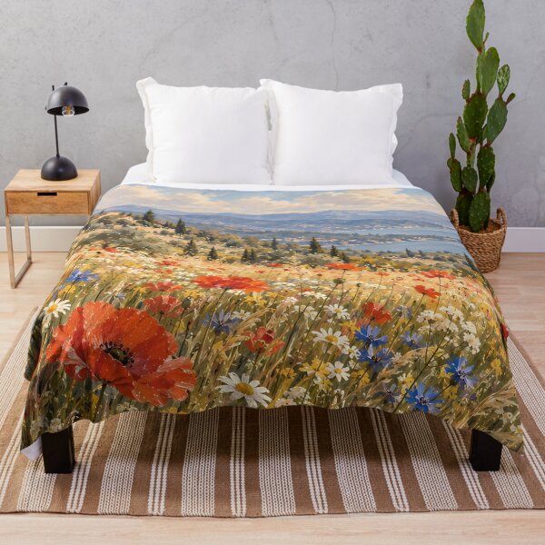 Item preview, Vintage Meadow Poppy Field Oil Painting Coastal Hillside designed and sold by Jozefin's Studio.