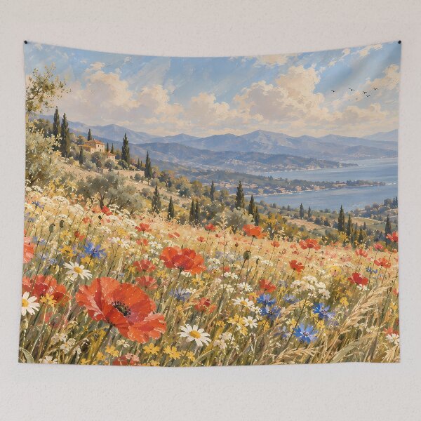 Item preview, Vintage Meadow Poppy Field Oil Painting Coastal Hillside designed and sold by Jozefin's Studio.