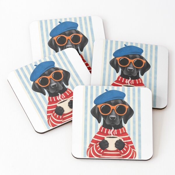 Item preview, Black Labrador Dog with Coffee – French Style Beret & Sunglasses designed and sold by anemiche.