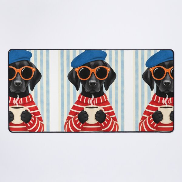 Item preview, Black Labrador Dog with Coffee – French Style Beret & Sunglasses designed and sold by anemiche.