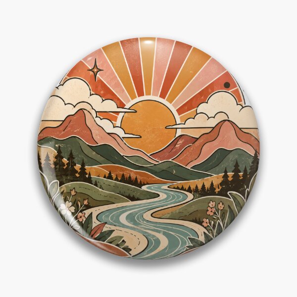 Item preview, Retro 70s Boho Sun and Mountain Abstract Landscape Sticker designed and sold by SlapHappyArt.