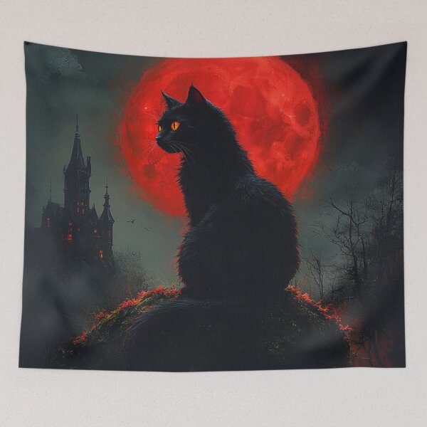 Item preview, Gothic Black Cat Halloween Blood Moon Haunted Castle Art designed and sold by GrinGalore.