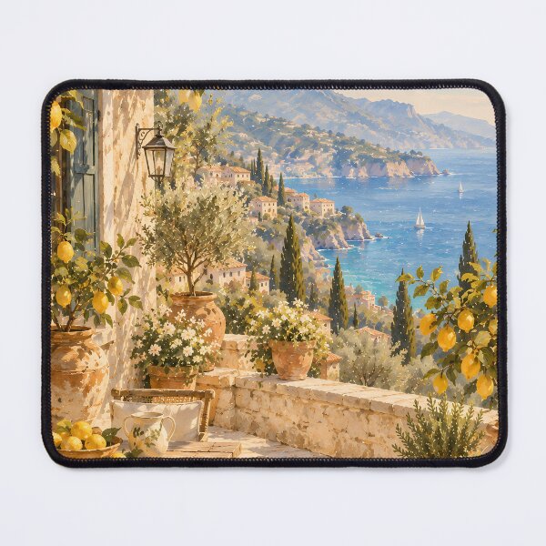 Item preview, Coastal Mediterranean Lemon Terrace Oil Painting Sea View designed and sold by Jozefin's Studio.