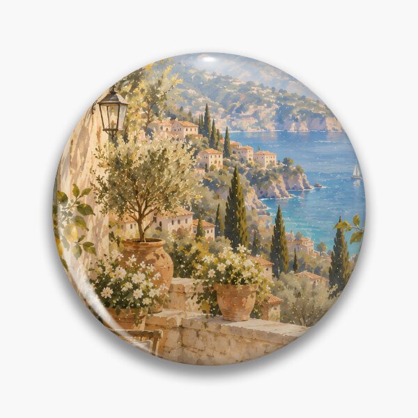 Item preview, Coastal Mediterranean Lemon Terrace Oil Painting Sea View designed and sold by Jozefin's Studio.
