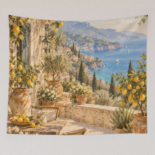 Item preview, Coastal Mediterranean Lemon Terrace Oil Painting Sea View designed and sold by Jozefin's Studio.
