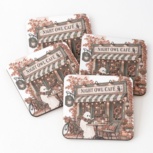 Item preview, Night Owl Café – Cozy Reading Ghost and Coffee Halloween Design designed and sold by pinkaesthetik.