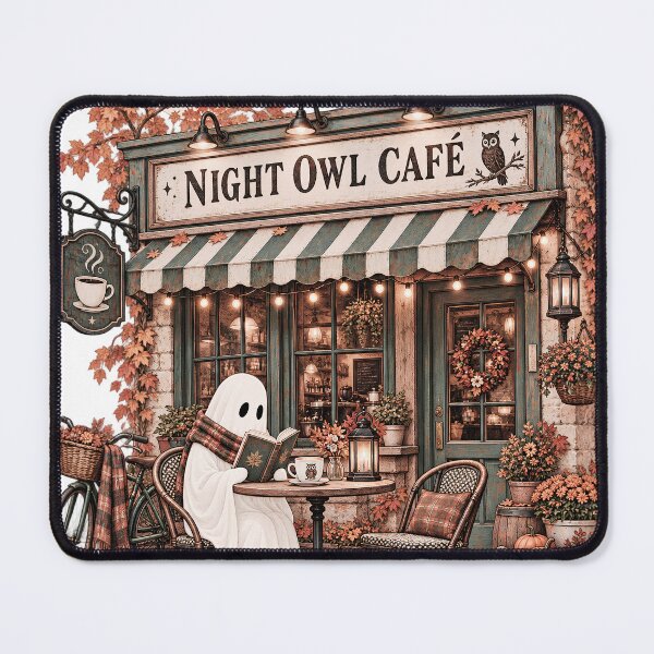 Item preview, Night Owl Café – Cozy Reading Ghost and Coffee Halloween Design designed and sold by pinkaesthetik.
