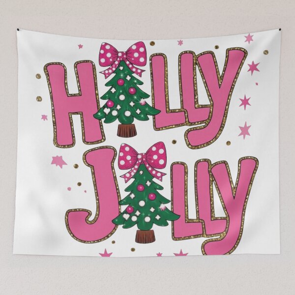 Item preview, Holly Jolly" Pink and Gold Glitter Christmas Typography Graphic designed and sold by CreativeNest Prints.
