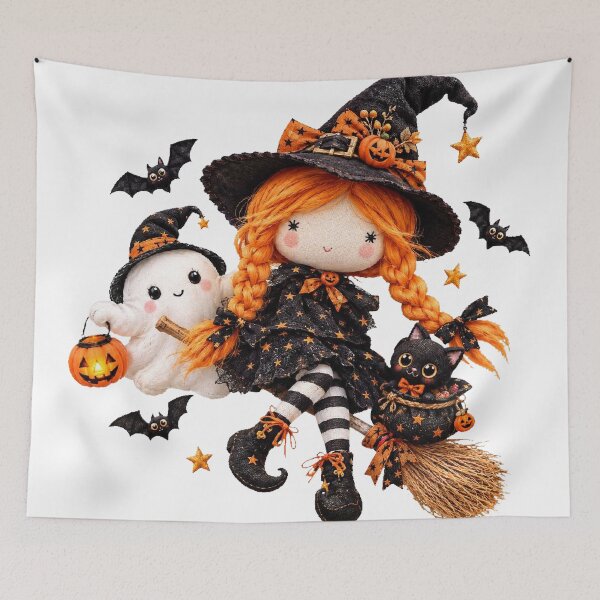 Item preview, Kawaii Witch Girl on Broom with Cute Ghost Black Cat and Pumpkin - Halloween PNG designed and sold by HoMya.