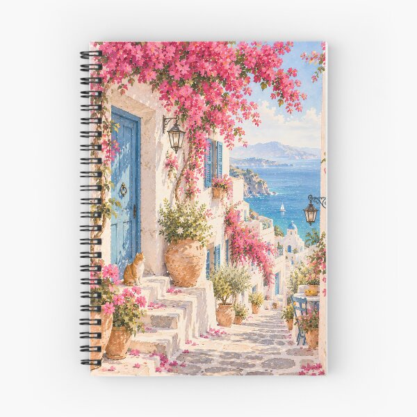 Item preview, Coastal Mediterranean Alley Oil Painting Bougainvillea Cat designed and sold by Jozefin's Studio.
