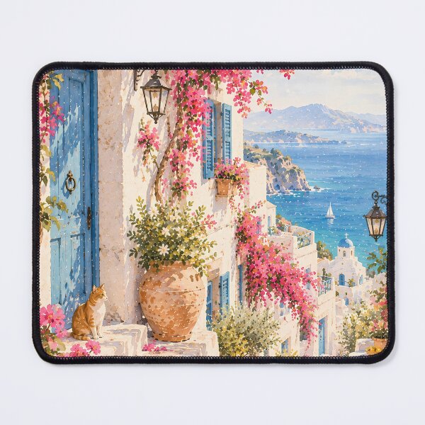 Item preview, Coastal Mediterranean Alley Oil Painting Bougainvillea Cat designed and sold by Jozefin's Studio.