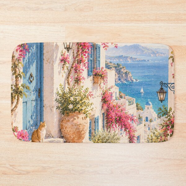 Item preview, Coastal Mediterranean Alley Oil Painting Bougainvillea Cat designed and sold by Jozefin's Studio.