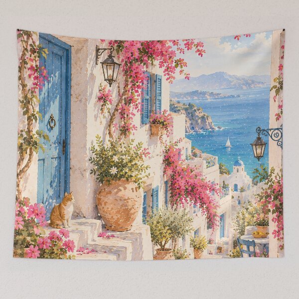 Item preview, Coastal Mediterranean Alley Oil Painting Bougainvillea Cat designed and sold by Jozefin's Studio.