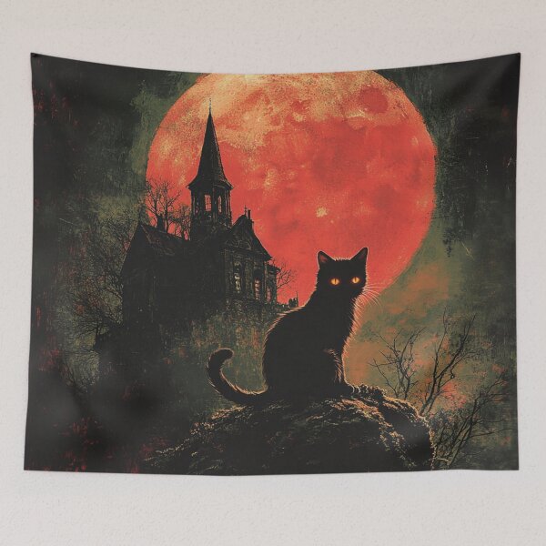 Item preview, Goth Black Cat Blood Moon - Gothic Haunted House Hallowenn Art designed and sold by GrinGalore.