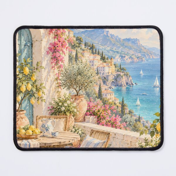 Item preview, Coastal Mediterranean Terrace Oil Painting Lemon Bougainvillea designed and sold by Jozefin's Studio.