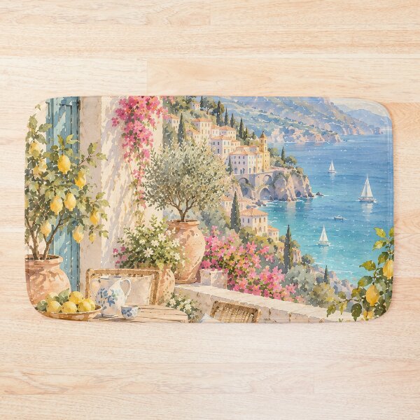 Item preview, Coastal Mediterranean Terrace Oil Painting Lemon Bougainvillea designed and sold by Jozefin's Studio.