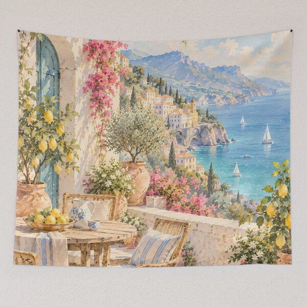 Item preview, Coastal Mediterranean Terrace Oil Painting Lemon Bougainvillea designed and sold by Jozefin's Studio.