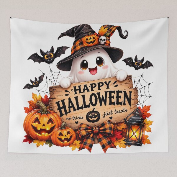 Item preview, Happy Halloween Ghost No Tricks Just Treats - Cute Witch Hat Ghost with Pumpkins designed and sold by HoMya.